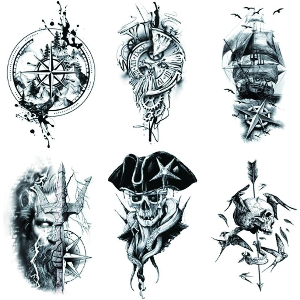 24 Sheets Pirate Skull Temporary Tattoos - Waterproof, Fake Body Art Stickers