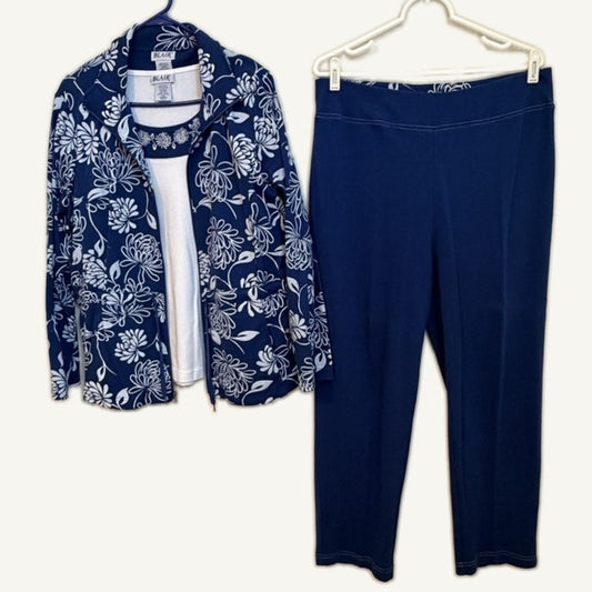 Blair Women's L Navy & White Floral 3-Piece Set - Jacket, Top & Pants
