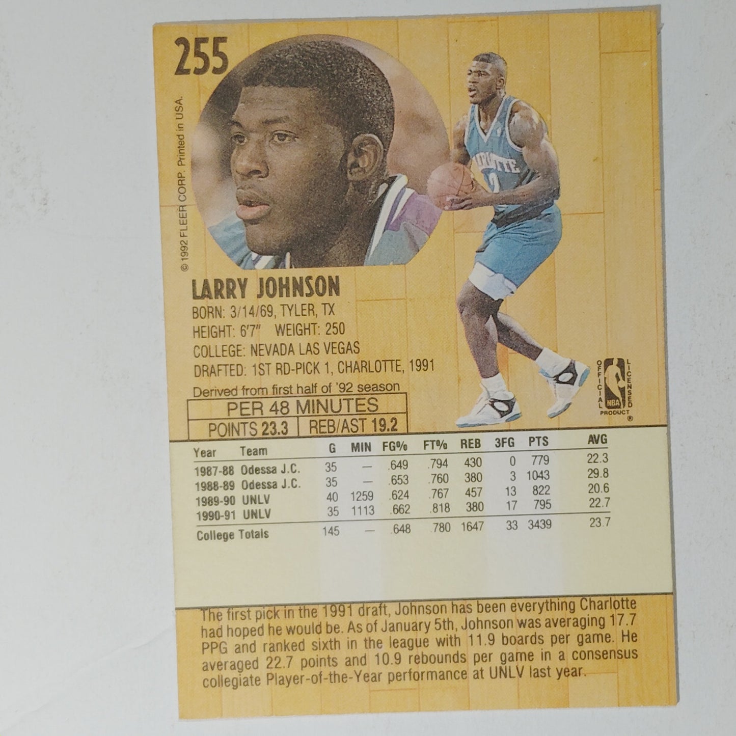 1991-92 Fleer Larry Johnson Card No. 255 – Hornets – Forward – VG/EX