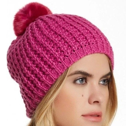Kyi Kyi Faux Fur Pom Pom Knit Hat – Blush Fuchsia – One Size