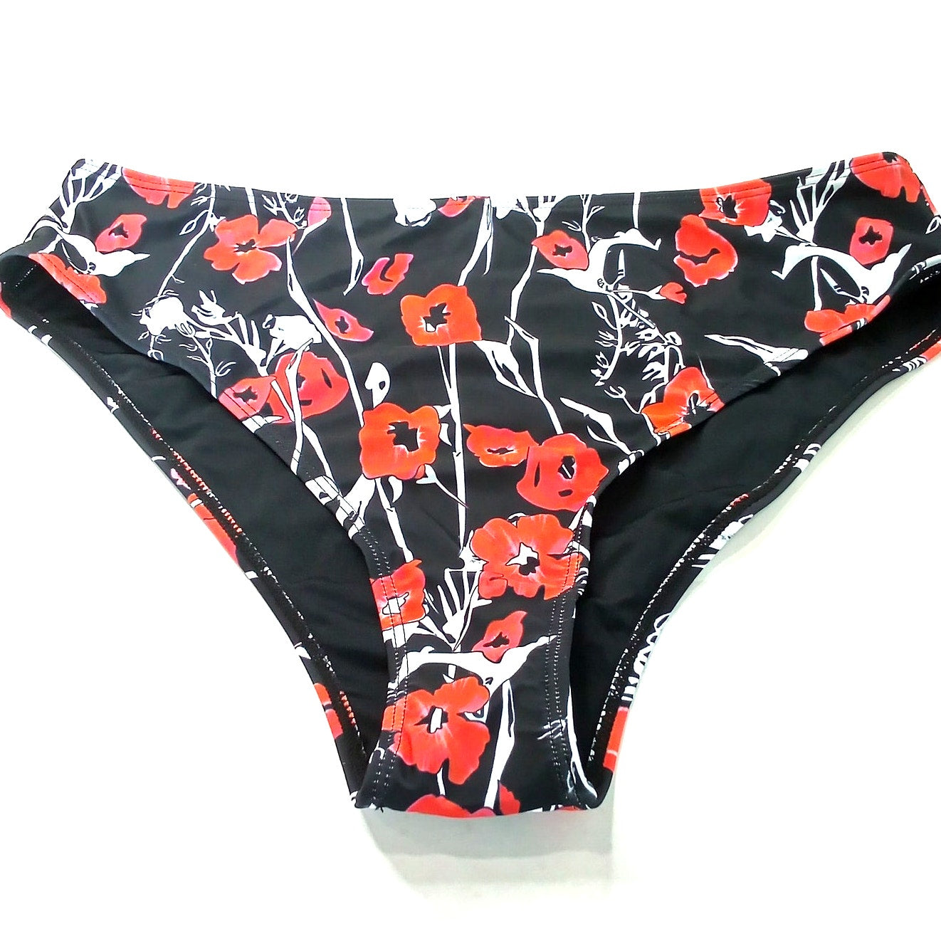 Peddney High‑Waist Bikini Bottoms Black Red Floral Women’s Swim Size Large