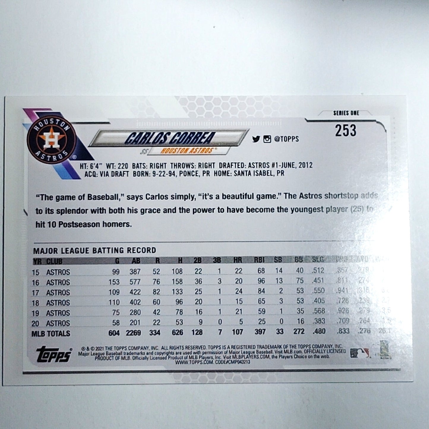 2021 Topps Series 1 Carlos Correa 253 Houston Astros SS 70th Logo VG/EX