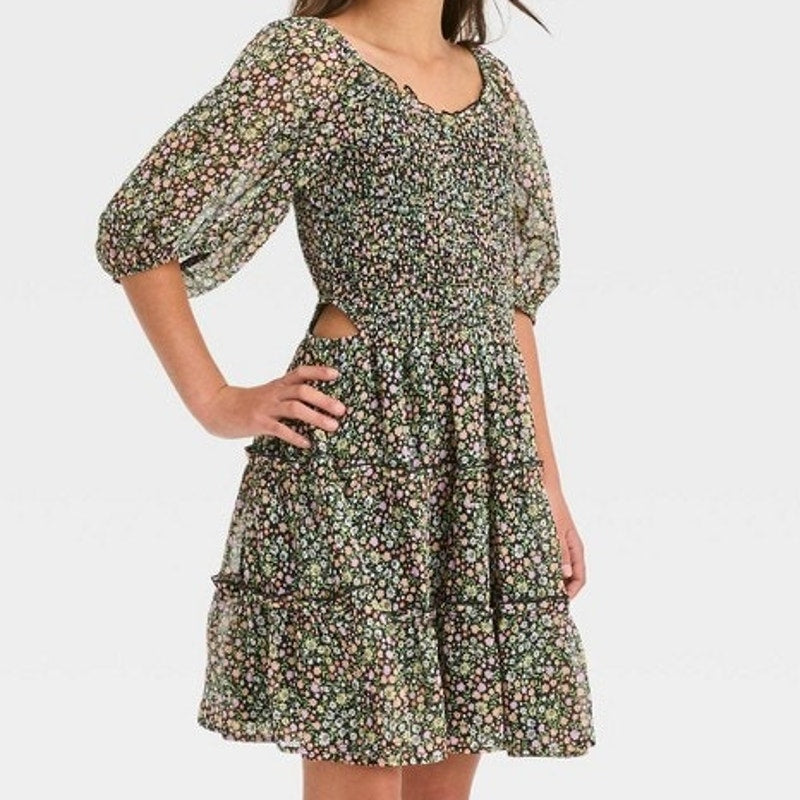Art Class Girls' Smocked Bodice Cut‑Out Chiffon Dress – Black Floral – XXL