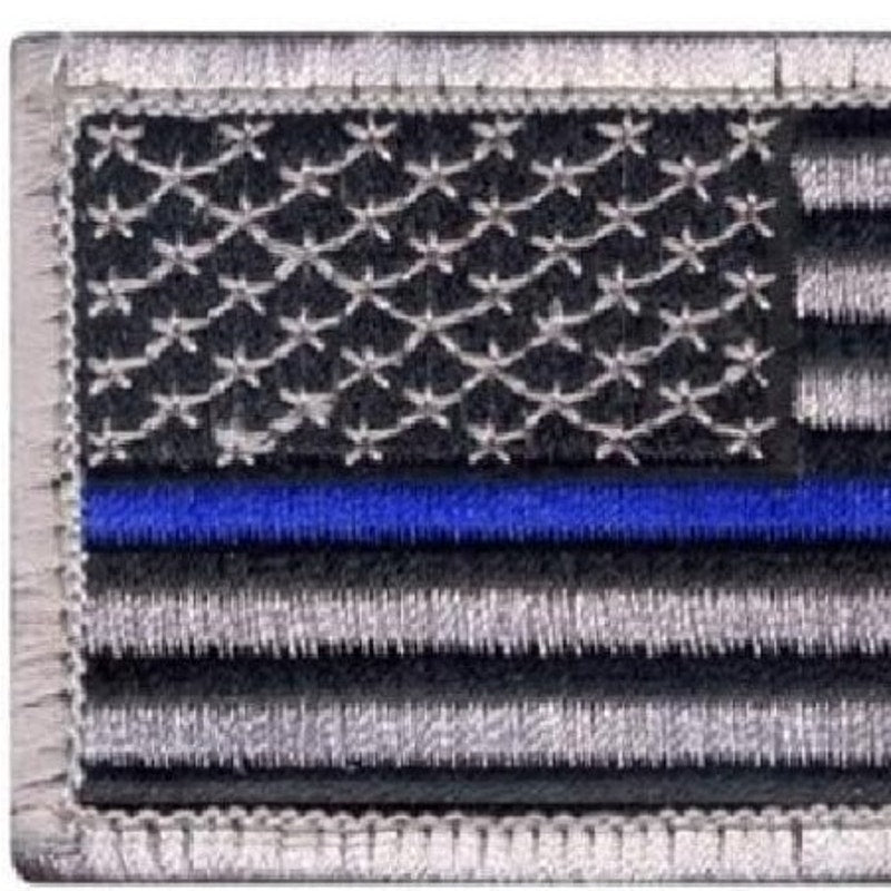 Thin Blue Line US Flag Patch Silver Border Law Enforcement Hook Back 3-3/8x1-7/8