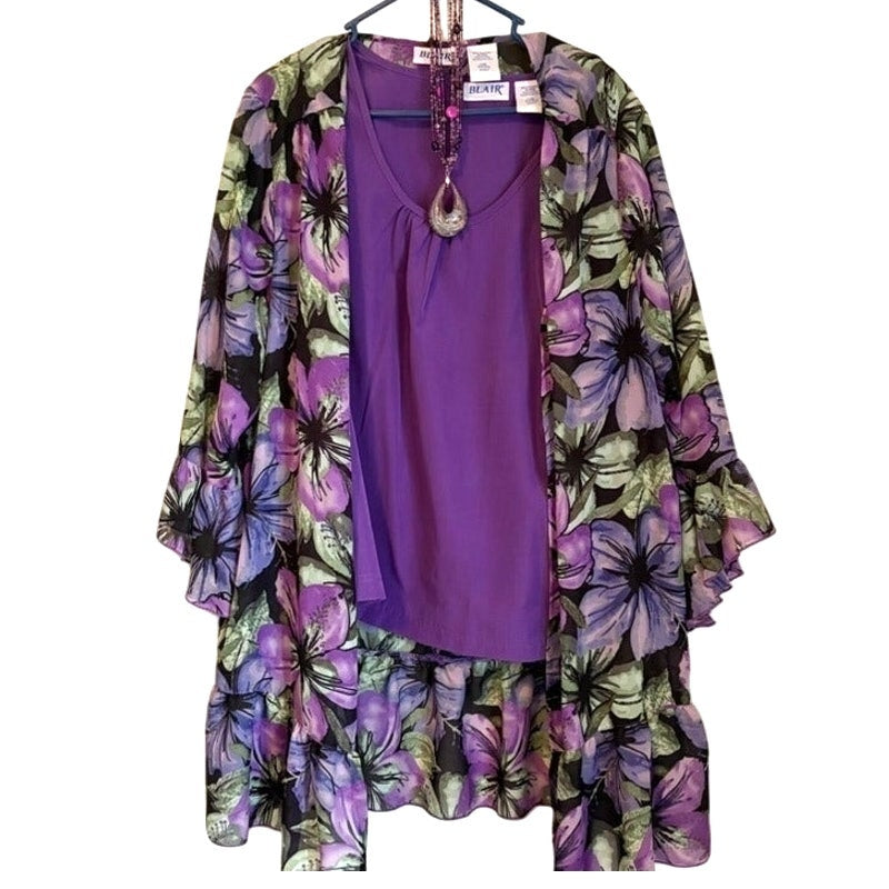 Blair Women's 3-Piece Purple Tank Top & Floral Cardigan Set L Necklace
