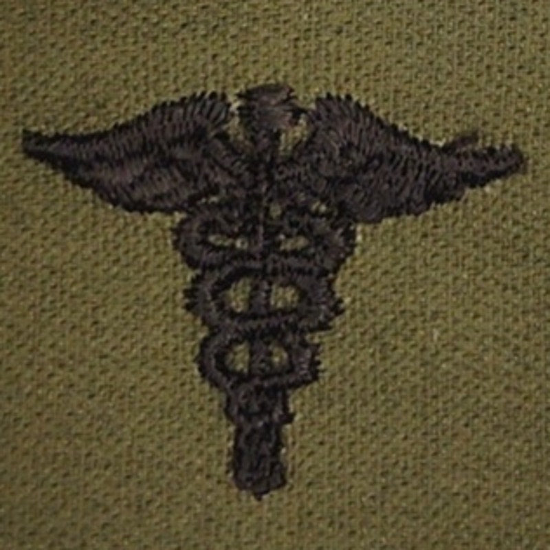 US Army Medical Corps Subdued OD Green Caduceus Patch Pair Sew‑On