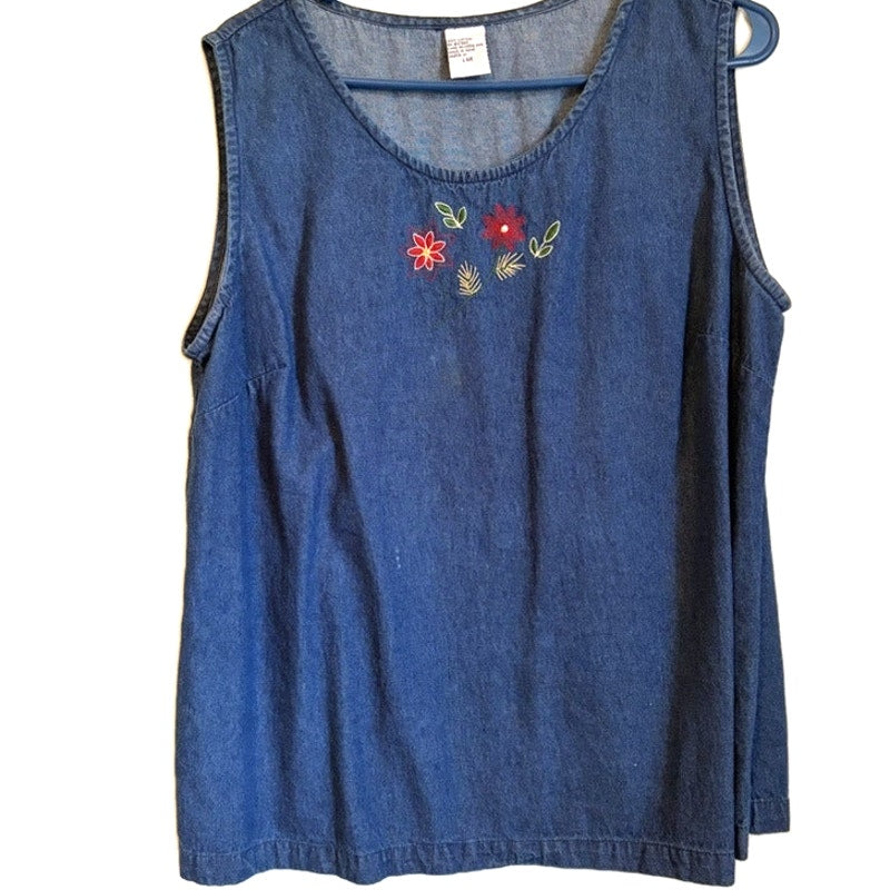 Blair Women's 2-Piece Denim Tank Top & Button-Up Shirt Floral Embroidered L
