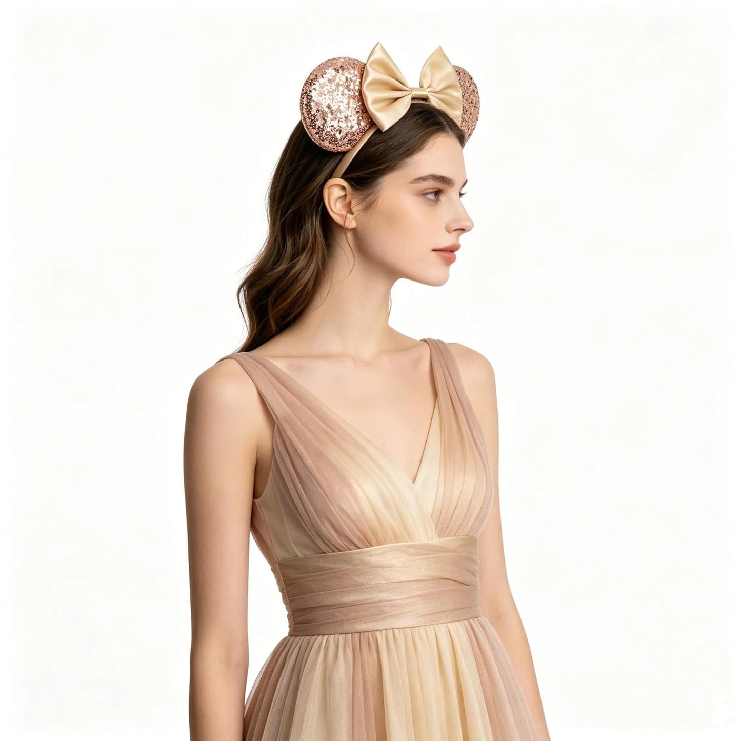 Champagne Glitter Mouse Ears Headband w/ Luxe Satin Bow For Teens or Adults
