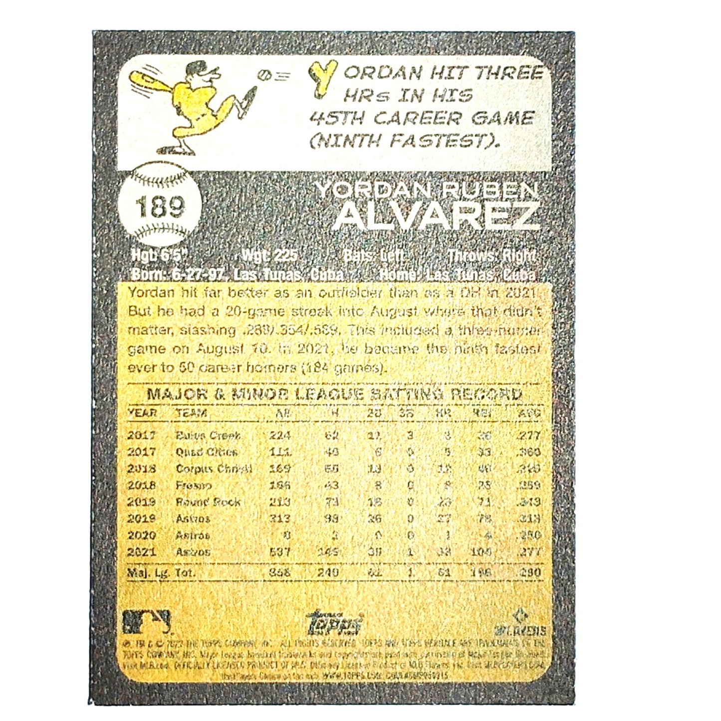 2022 Topps Heritage Yordan Alvarez 189 Houston Astros DH OF Baseball VG/EX