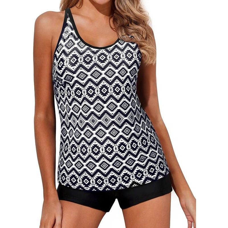 Yonique 2 Piece Tankini w/ Boy Shorts Athletic Swim Tank Top Geometry L (12-14)