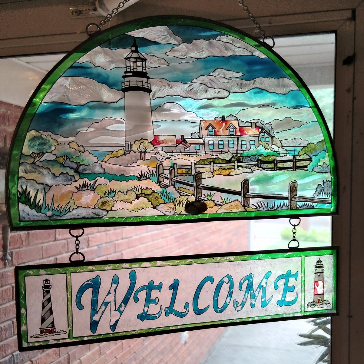 Vintage Stained Glass Lighthouse “WELCOME” Hanging — Coastal Window Art 12"x11"