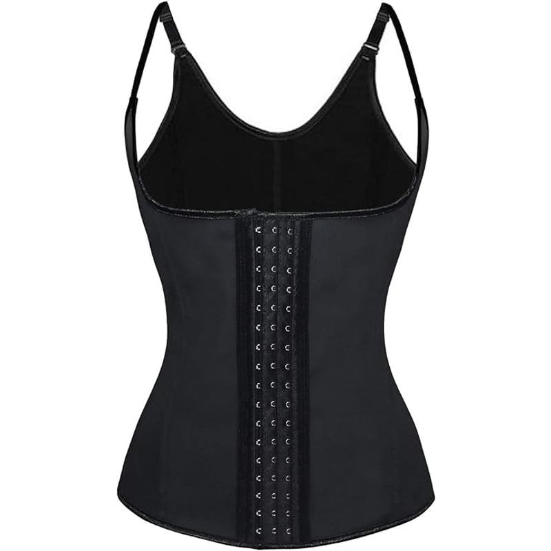 Steel Boned Latex 3 Rows of Hooks Body Shaper Corset Vest Halter-Latex- Black XL