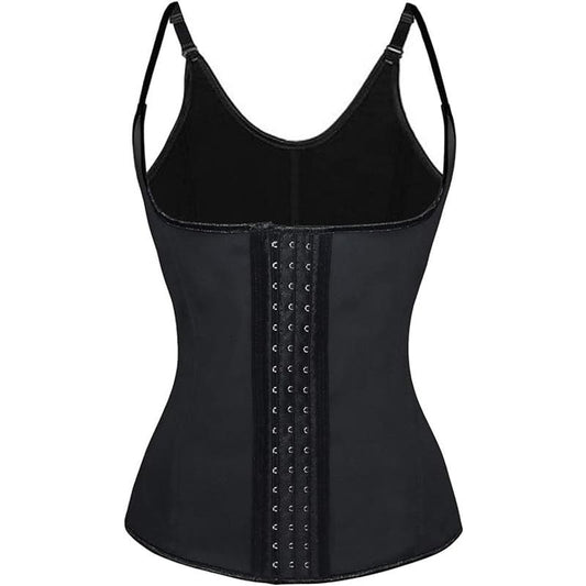 Steel Boned Latex 3 Rows of Hooks Body Shaper Corset Vest Halter-Latex- Black XL