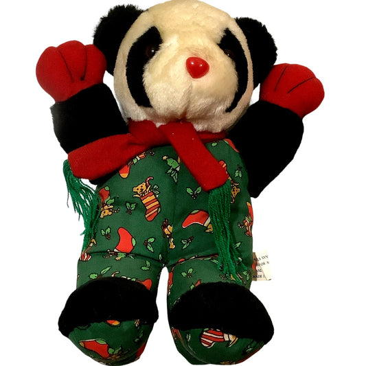 Vintage Christmas Panda 9.5"H w/ Tassled Scarf and Stocking Pajamas Circa 1990's