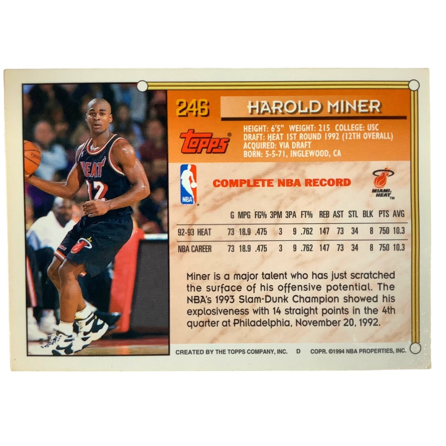 Harold Miner, Miami Heat, 1993 Topps Collector's Card 246, EXC