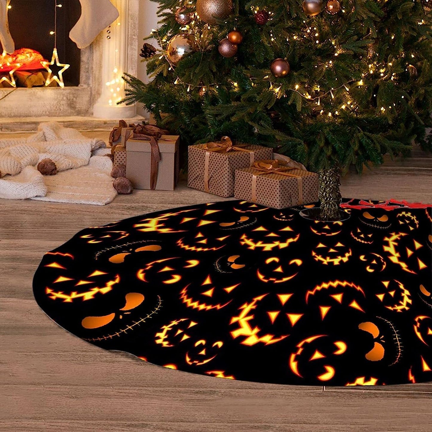 36" Halloween Tree Skirt – Pumpkin Smile Face – Black Fall Holiday Party Décor