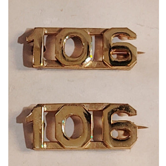 Early/Mid 1900s Brass C-Clasp "106" Collar Devices 3/8"H Hat / Lapel Pins Set
