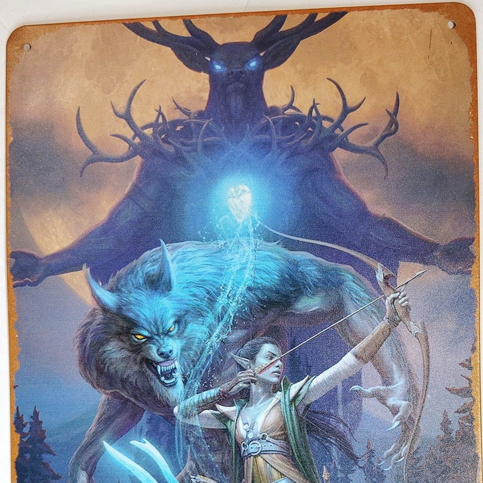Fantasy Ranger Tin Sign 12×8 Moonlit Wolf Spirit Metal Wall Art Decor