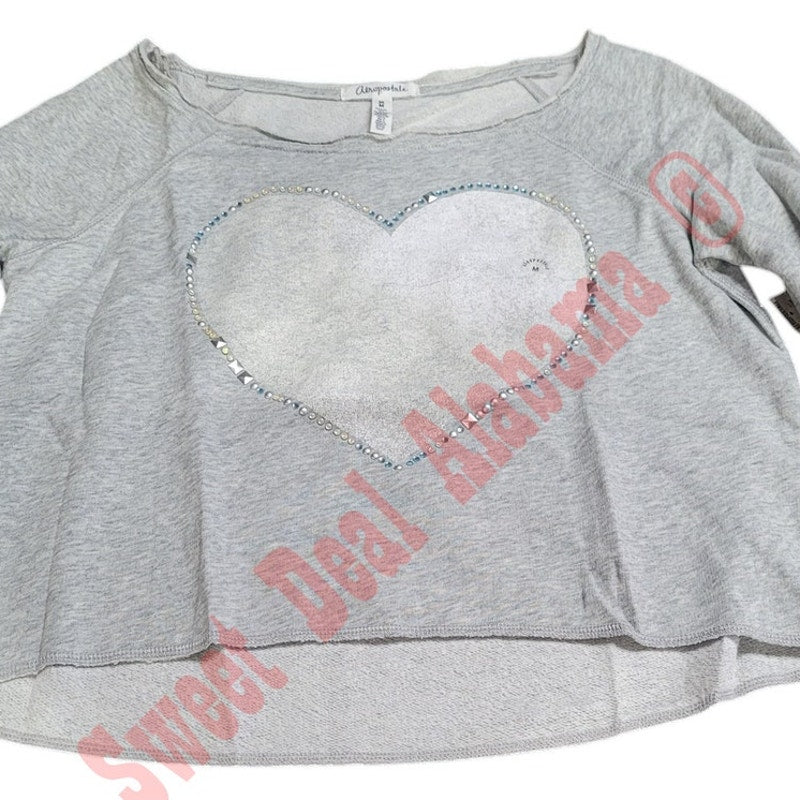 Aeropostale Women's L/S Crop, "Heart" Graphic Gray, Med. 36-38" Bust 20" Length
