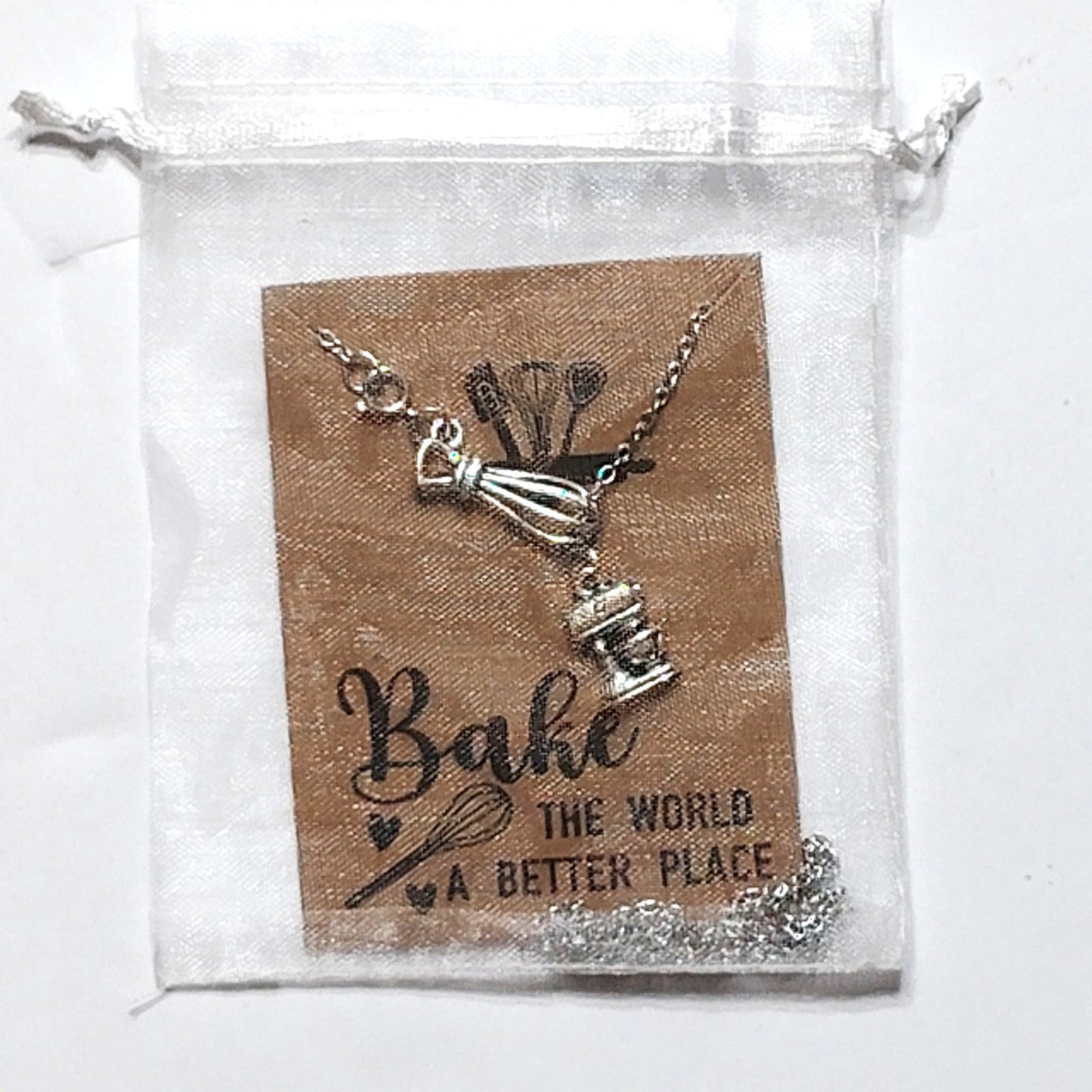 Baker Necklace Whisk & Mixer Charms “Bake The World A Better Place” Baker's Gift