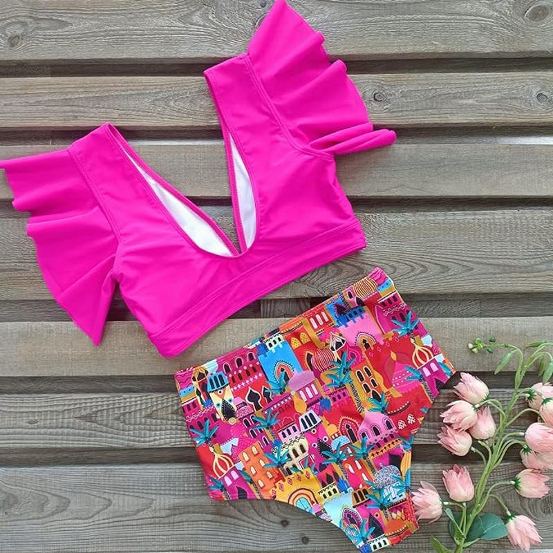 SPORLIKE Ruffle High Waist, Two Pieces Push Up Padded Bikini, Castle/Pink, S