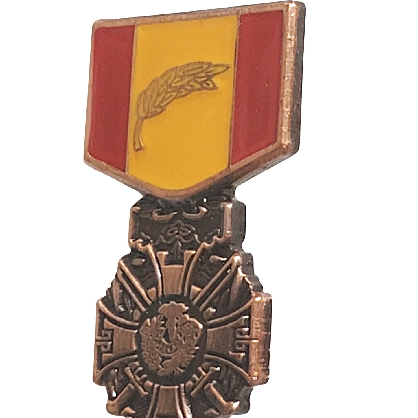 Mini Vietnam Gallantry Cross Novelty Hat/Lapel/Brooch Pin w/ Palm, 1‑1/8" × 3/4"
