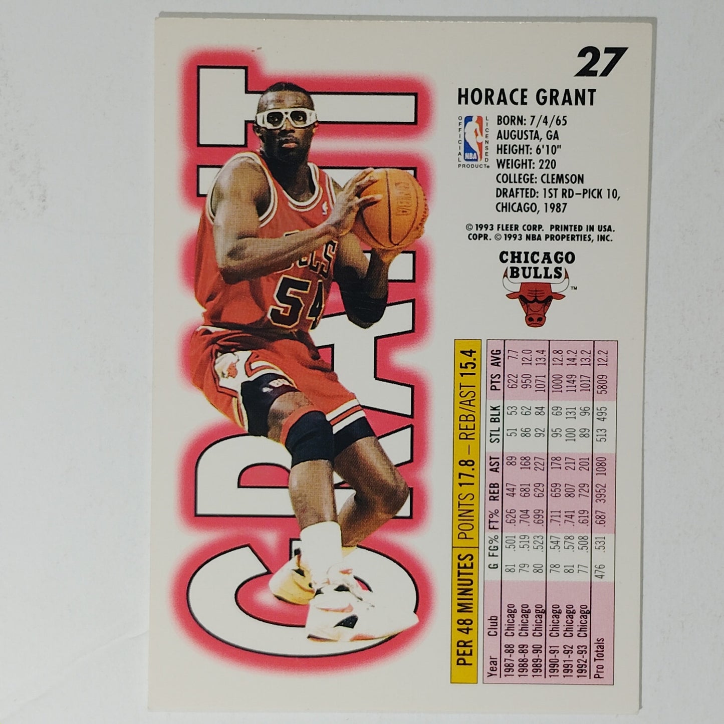 1993-94 Fleer Horace Grant Card No. 27 – Bulls – Forward – VG/EX