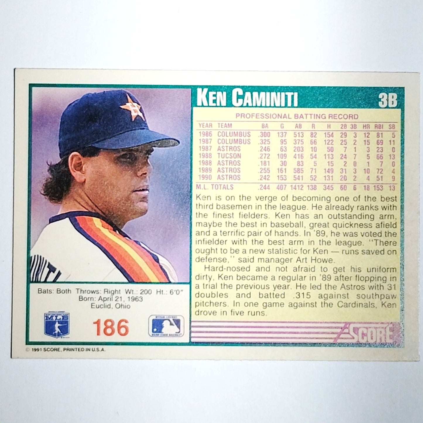 1991 Score Ken Caminiti Card #186 Houston Astros 3B VG/EX (w/ UER - Birthplace)