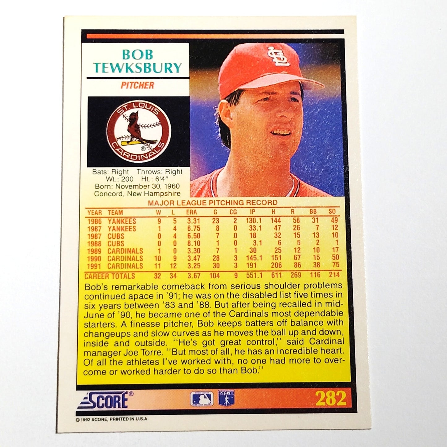 1992 Score Bob Tewksbury #275 St. Louis Cardinals Pitcher 1992 All-Star NM