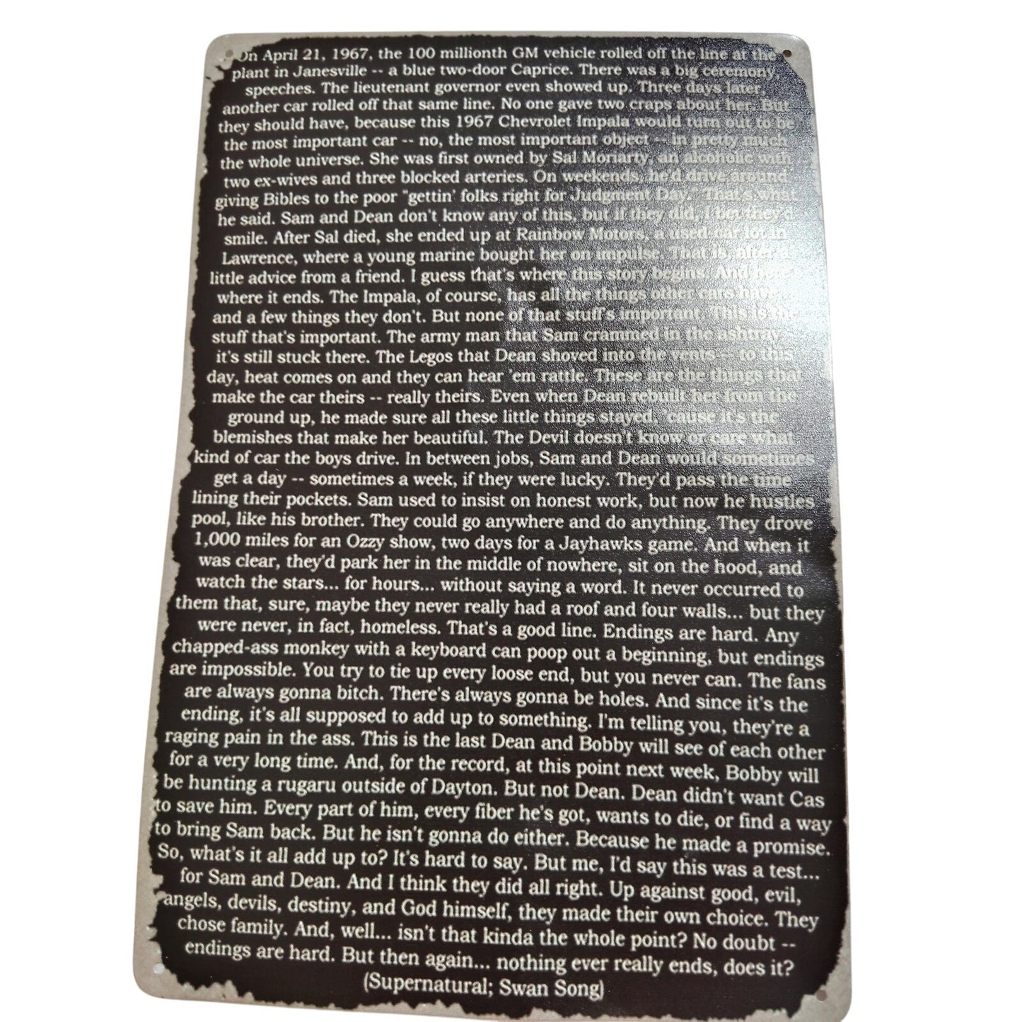 Retro Tin Sign “Bobby Cas, The Last to Leave”, 12x8 Supernatural-Inspired Poster