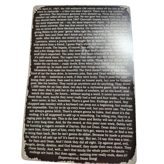 Retro Tin Sign “Bobby Cas, The Last to Leave”, 12x8 Supernatural-Inspired Poster