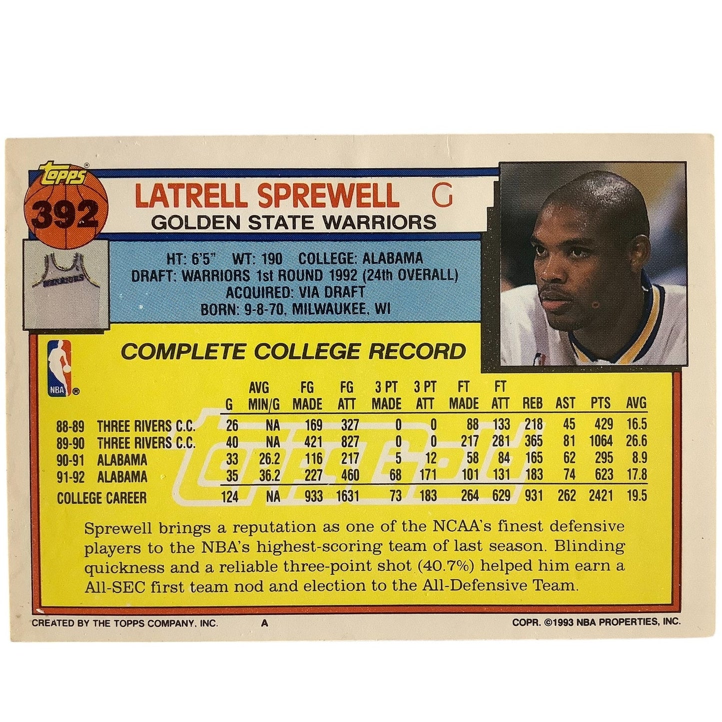 Latrell Sprewell, 1993 Topps '92 Draft Picks NBA "Gold Insert" Card 392, EXC
