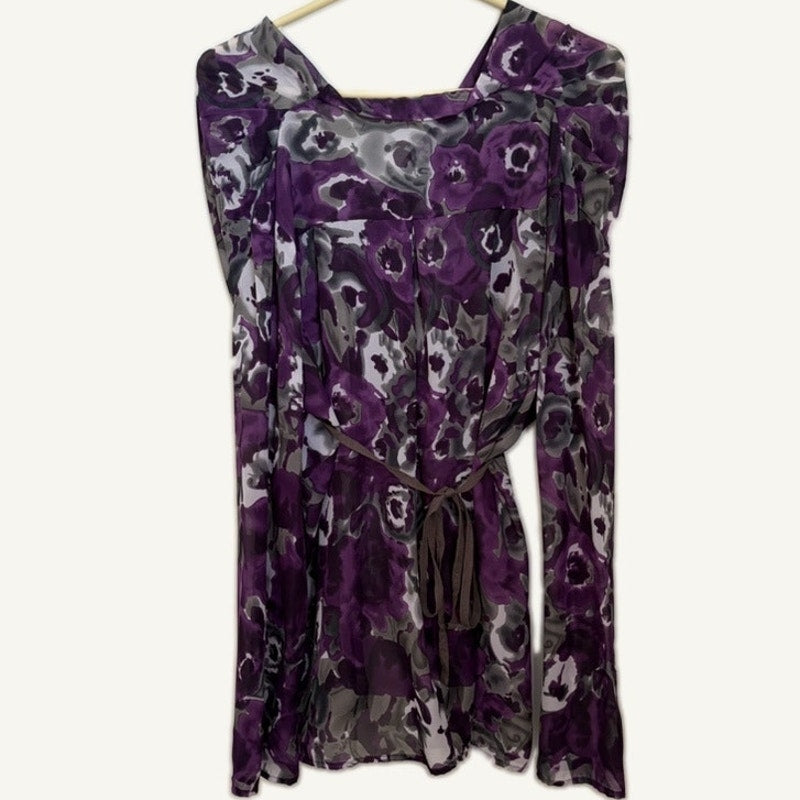 XL Purple Gray Black Floral V-Neck Long Sleeve Blouse - Empire Waist Top