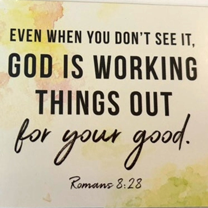 Christian Scripture Fridge Magnet Romans 8:28 Watercolor Pastel Design 4x2.75