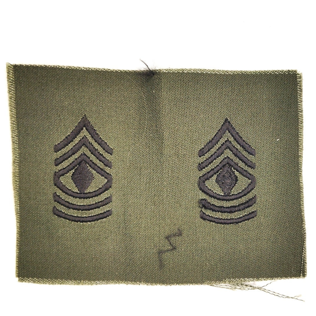 US Army 1SG E‑8 Rank Patch Pair Subdued ODG 4" × 3" Raw‑Edge Vintage