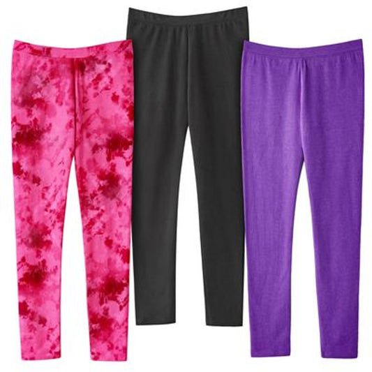 3-PK Size 14/16 Cotton Spandex Ankle Leggings, Pnk Tie Dye, Blk & Purple Sparkle