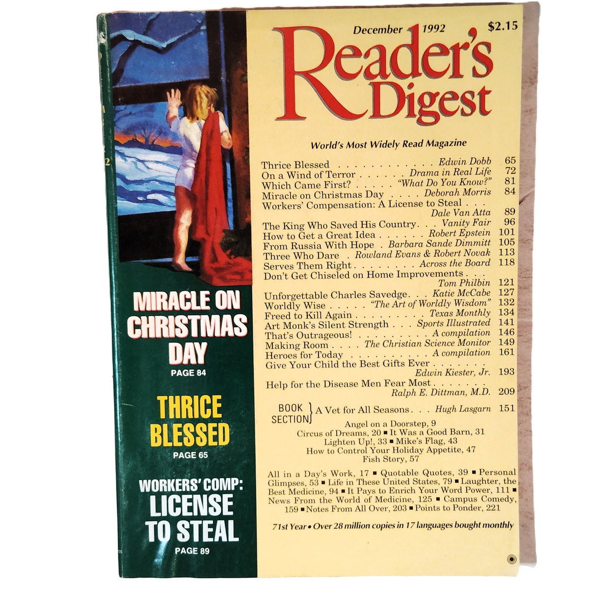 Reader's Digest December 1992 Magazine Miracle on Christmas Day Vintage