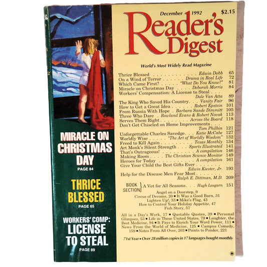Reader's Digest December 1992 Magazine Miracle on Christmas Day Vintage