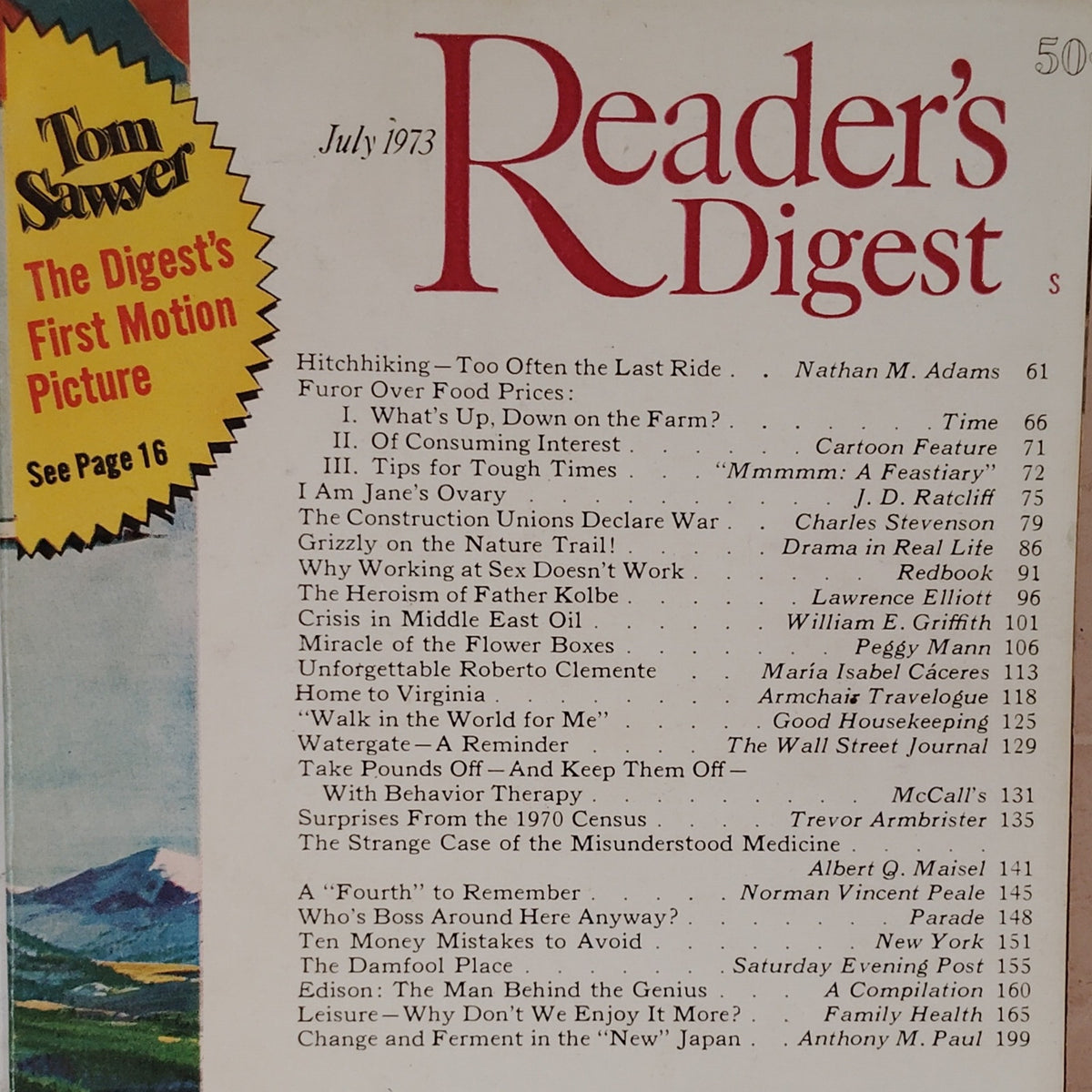 Reader's Digest July 1973 Vintage Magazine - Tom Sawyer Roberto Clemente