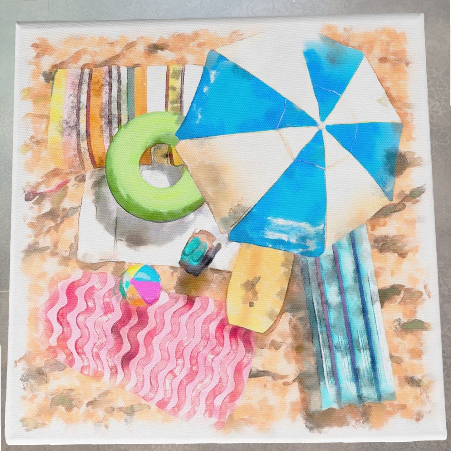 Summer Beach 17x17 Stretched Over Wood, Canvas Art Print, Design/Alonzo Saunders