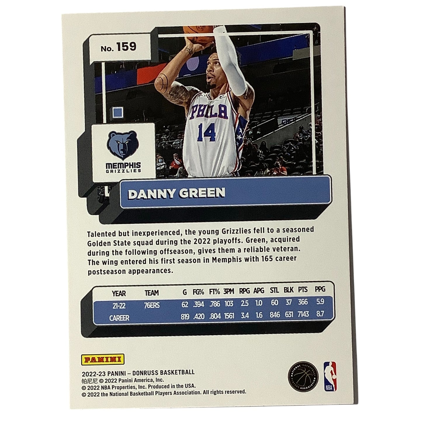 Danny Green, Card #159, Memphis Grizzlies, 2022-23 NBA Panini Donruss