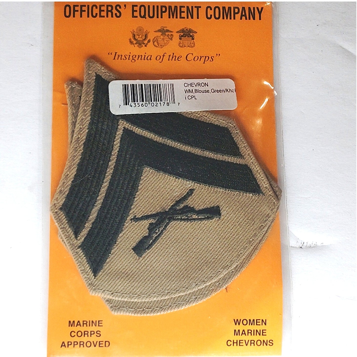 USMC Corporal E‑4 Chevrons Women’s Green/Khaki 3‑1/2" × 2‑3/4" Pair