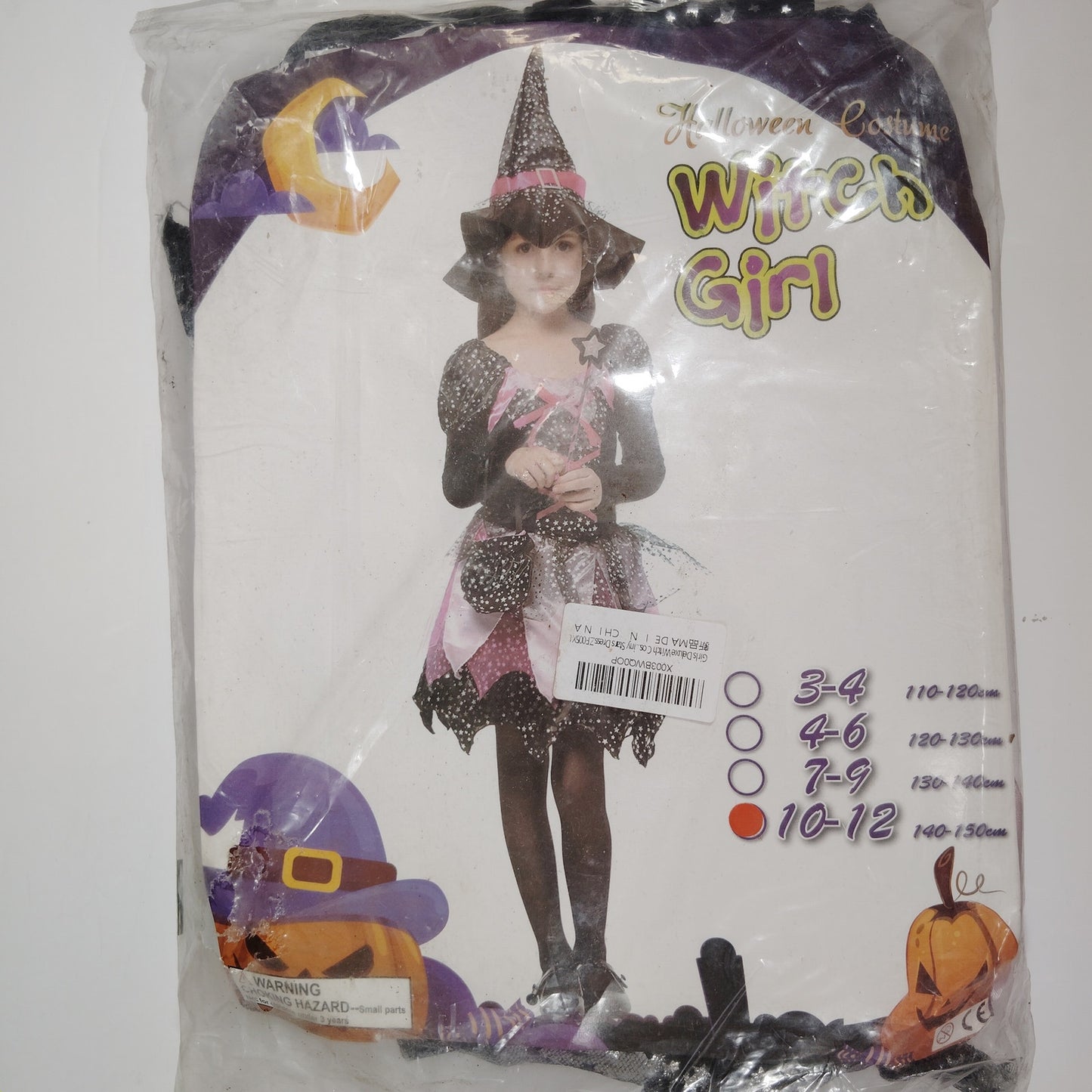 Girls Witch Costume, Cosplay Party Dress with Hat, Wand & Candy Bag, 55–59" Tall