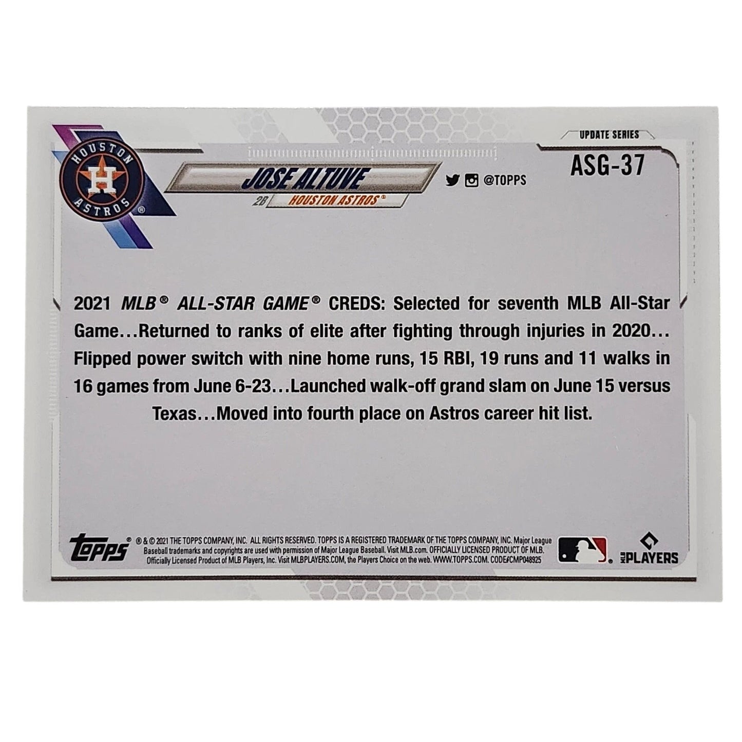 2021 Topps Update All-Star Game Jose Altuve Houston Astros 2B Card ASG‑37 VG/EX