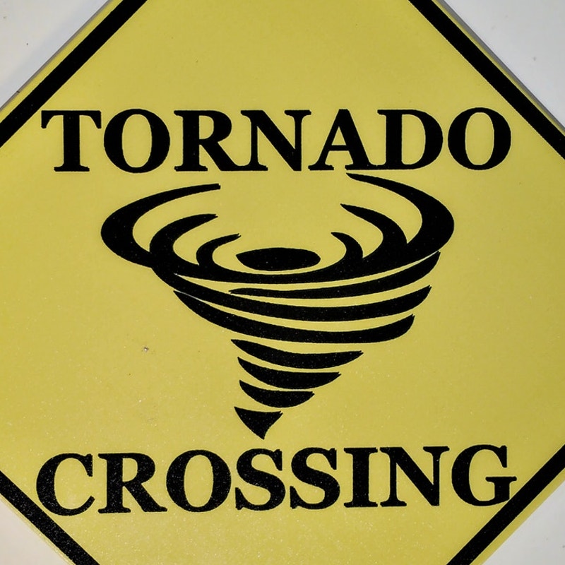 Tornado Crossing Tin Sign – 11" x 11" – Yellow Diamond Warning Plaque