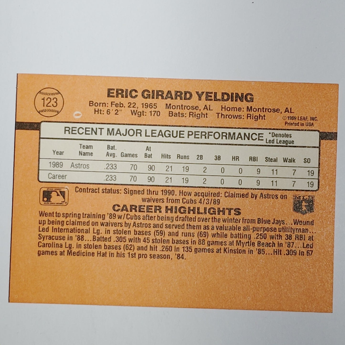 1990 Donruss #123 Eric Yelding Houston Astros Shortstop - VG/EX