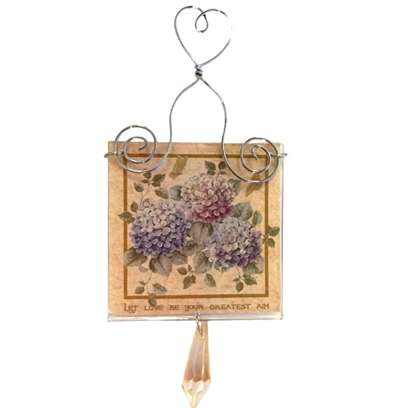 Vintage Hydrangea Glass Tile Hanging Magnet Inspirational 5‑1/2" Height