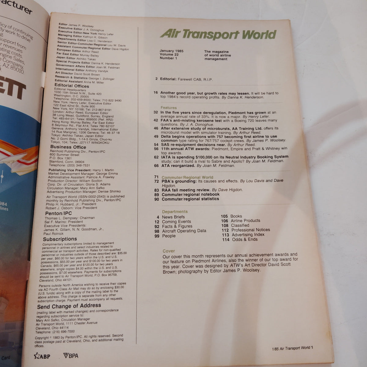 Air Transport World Magazine January 1985 ATW Awards Piedmont Airlines