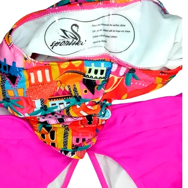 SPORLIKE Ruffle High Waist, Two Pieces Push Up Padded Bikini, Castle/Pink, S