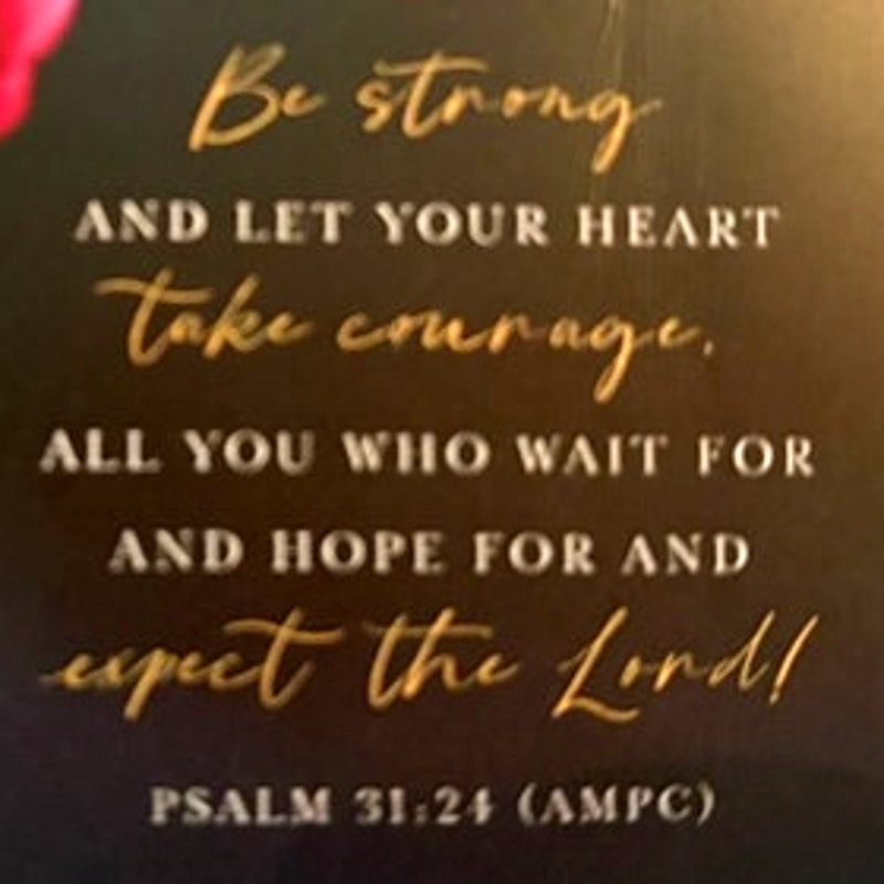 Christian Scripture Fridge Magnet Psalm 31:24 Pink Tulips JM Logo 3.5x2.5